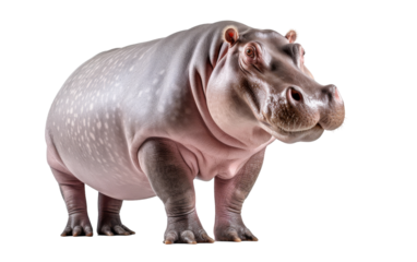 A majestic hippopotamus stands confidently in front of a pristine white background