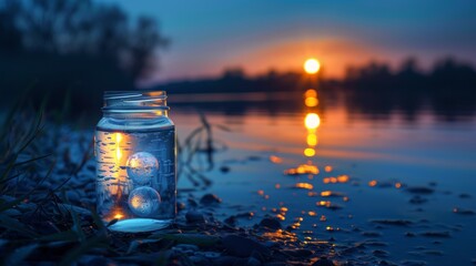A glass jar with a sun setting in the background, AI