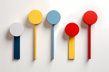 A series of minimalist, geometric-shaped wall hooks in primary colors, adding functional pops of color, isolated on white solid background