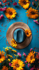The background for Cinco De Mayo highlights Mexico's national holiday. Hats on a blue background. Flat layout.