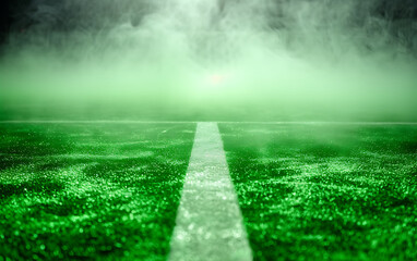 Empty soccer field with fog and smoke. Concept of sport spotlights empty game field. generative ai