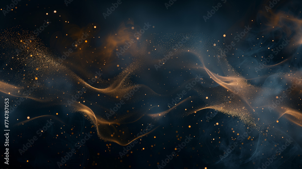Wall mural beautiful dark space abstract background with wave shaped golden dust splash