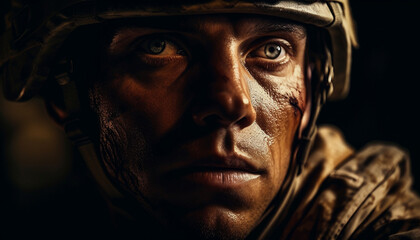 Confident army veteran stares down war's challenges - obrazy, fototapety, plakaty
