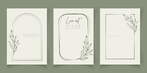 Botanical line art illustration set of olive leaves, branch frames for wedding invitation and cards, logo design, web, social media and posters template. Elegant minimal style floral vector isolated.	