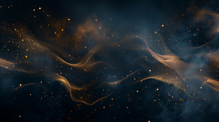 Beautiful dark space abstract background with wave shaped golden dust splash - obrazy, fototapety, plakaty