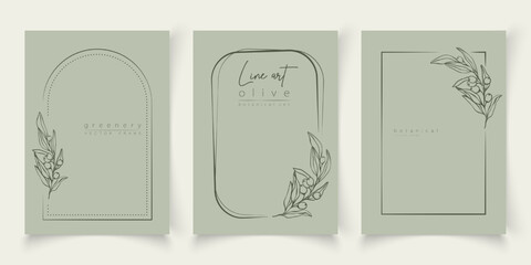 Botanical line art illustration set of olive leaves, branch frames for wedding invitation and cards, logo design, web, social media and posters template. Elegant minimal style floral vector isolated.  © taniKoArt