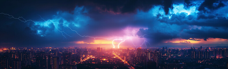 landscape panorama with thunderstorms and bright thunderbolts lightning flashes in night sky over megalopolis city with skyscrapers