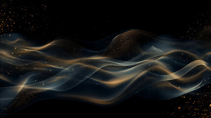 Beautiful dark abstract space background with wave shaped golden dust splash
