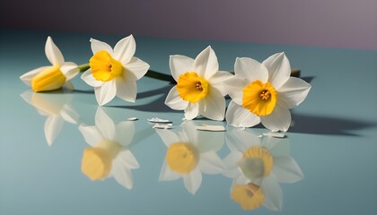 Narcissus flower reflecting in the mirror with petals fallen off. Beauty, youth time passing minimal concept.