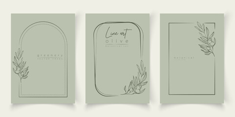 Botanical line art illustration set of olive leaves, branch frames for wedding invitation and cards, logo design, web, social media and posters template. Elegant minimal style floral vector isolated.	