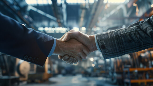 Two professionals exchange a firm handshake in an industrial factory setting.