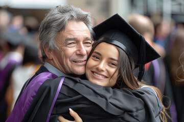 Fototapeta premium Proud father hugging daughter in graduation cap. Family celebration and academic success concept for university graduation events and personal milestones.