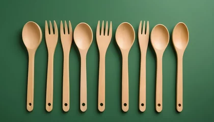 Gordijnen Eco-friendly disposable utensils made of bamboo wood and paper on green background. Environmental protection, save nature, ecology plastic-free, zero waste concept. No pollution land by plastic  © Ahmad
