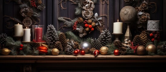 Arrangement of candles and decorative ornaments displayed on a mantelpiece in front of a dark backdrop, creating a cozy and festive ambiance