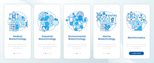 Types of biotechnology blue onboarding mobile app screen. Walkthrough 5 steps editable graphic instructions with linear concepts. UI, UX, GUI template. Montserrat SemiBold, Regular fonts used - obrazy, fototapety, plakaty