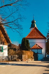 Church on a sunny winter day at Lake Walchensee, Kochel am See, Bad Tölz-Wolfratshausen, Bavaria, Germany