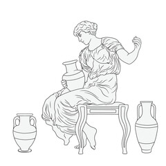 An ancient Greek woman sits on a chair and holds a jug of wine in her hands. Figure isolated on white background