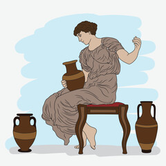 An ancient Greek woman sits on a chair and holds a jug of wine in her hands. Color illustration