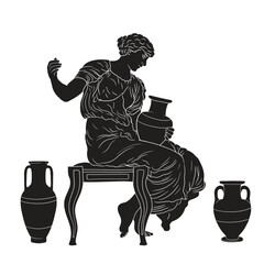 An ancient Greek woman sits on a chair and holds a jug of wine in her hands. Figure isolated on white background
