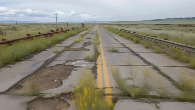 The highway stretches out like a fading memory with rusted barricades and crumbling guardrails lining its edges. The surrounding landscape . AI generation.