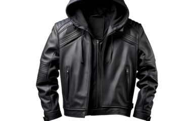 A stylish black leather jacket with a hoodie draped over a mannequins shoulders