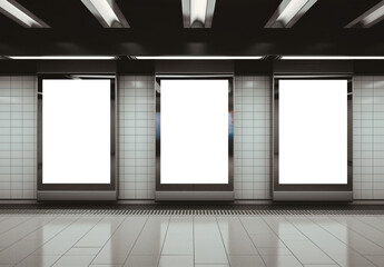 Billboards on underground wall Mockup. Vertical hoardings template in subway station. Generative Ai - 774788084