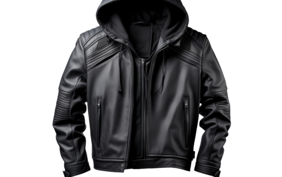 A stylish black leather jacket with a hoodie draped over a mannequins shoulders