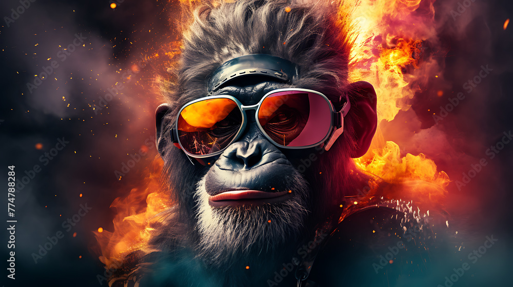 Wall mural portrait of a monkey with a fire