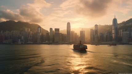 Hong Kong skyline at sunset, Hong Kong, China. Hong Kong is the most densely populated of the five...