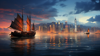 Sailing ship in Hong Kong at night. 3D rendering.