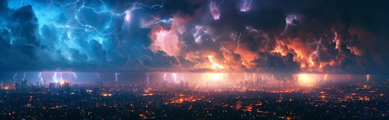 Zelfklevend Fotobehang landscape panorama with thunderstorms and thunderbolts lightning flashes in blue night sky over megalopolis city with skyscrapers © alexkoral