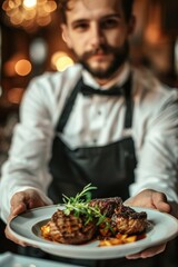 Young male waiter serving an exquisite steak dish at an upscale restaurant