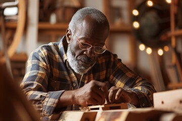Mature Black Man Concentrating in His Woodwork Studio - obrazy, fototapety, plakaty