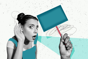 Collage artwork sketch of concentarted focused woman arm touch ear listening information news spy...
