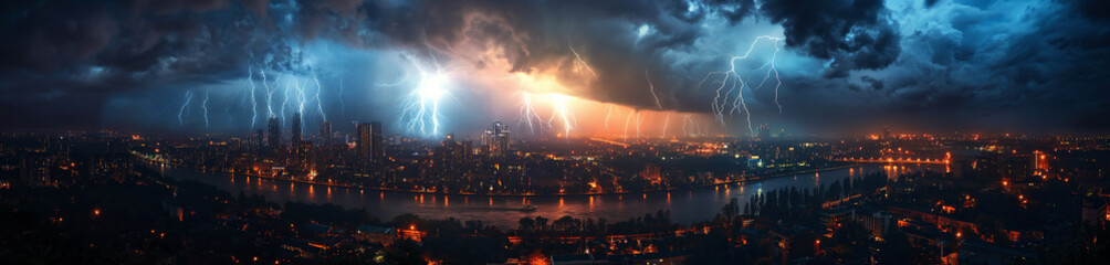 landscape panorama with thunderstorms and thunderbolts lightning flashes in dark dramatic night sky over city with skyscrapers