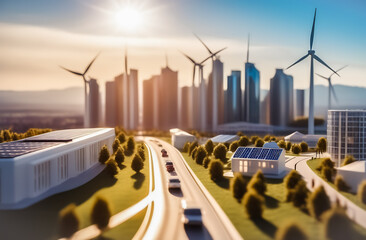 wind turbines against the background of a modern developed city . solar panels on buildings. eco-friendly production of resources. technologies of the future - obrazy, fototapety, plakaty