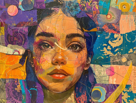 Moderno collage astratto di un ritratto di giovane donna. La composizione &egrave; dinamica e asimmetrica, con forme geometriche e colori vivaci. i diversi stili e materiali