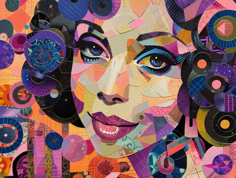 Moderno collage astratto di un ritratto di giovane donna. La composizione &egrave; dinamica e asimmetrica, con forme geometriche e colori vivaci. i diversi stili e materiali
