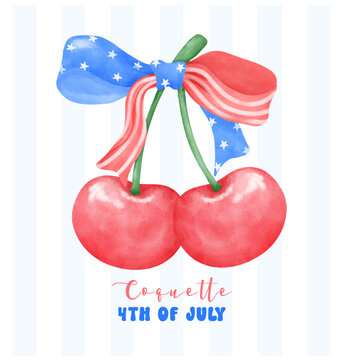 Coquette 4th of July Cherry with stars and stripes ribbon Bow Watercolor.