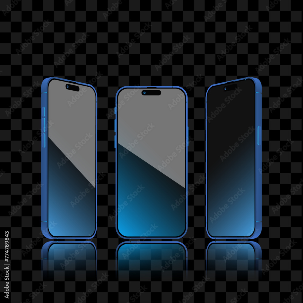 Poster blue smartphone with glowing light screen and background in different angles: front view and side pe