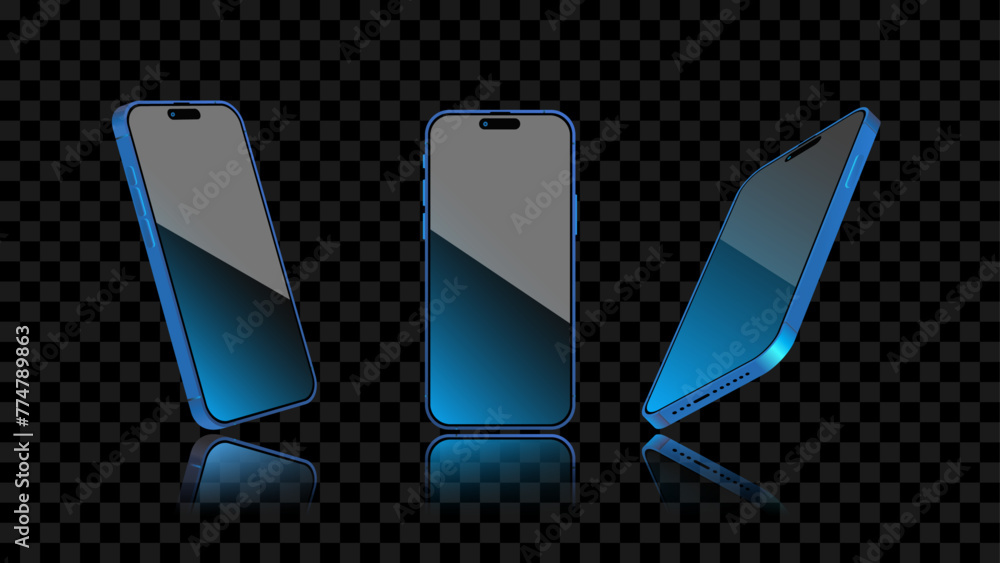 Poster blue smartphone with glowing light screen and background in different angles: front view and side pe