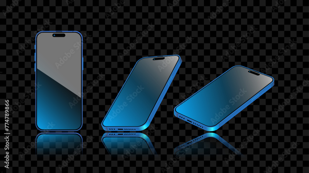 Poster blue smartphone with glowing light screen and background in different angles: front view and side pe