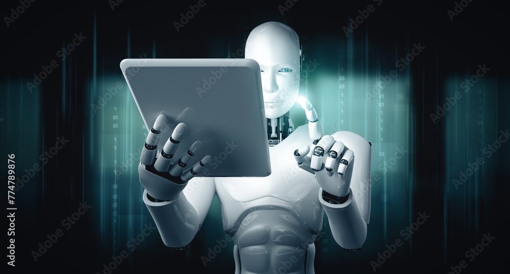 Poster xai 3d illustration robot humanoid using tablet computer in future office while using ai thinking br