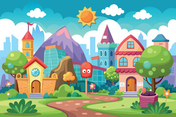 a village natural cartoon background scene