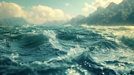A close up of a body of water with waves and mountains in the background, AI
