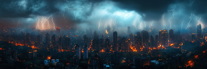 panorama with thunderstorms and thunderbolts lightning flashes in dark dramatic blue night sky over city with skyscrapers
