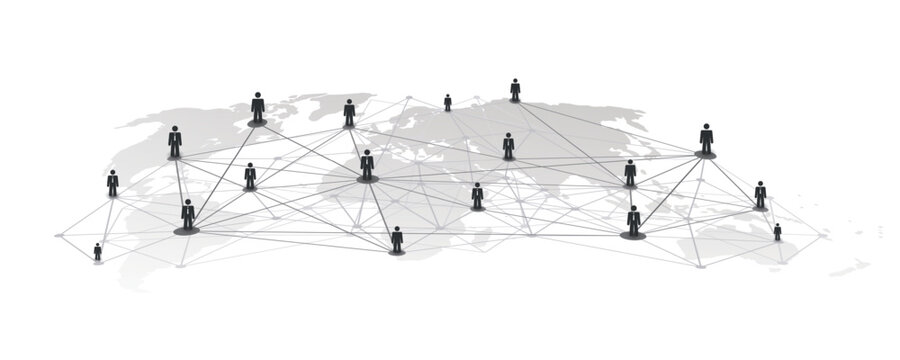 Black and White Networks, Business or Social Media Connections Concept Design with World Map and Polygonal Mesh on Isolated White Background - Grey Business Men Figures Connected with Polygonal Mesh