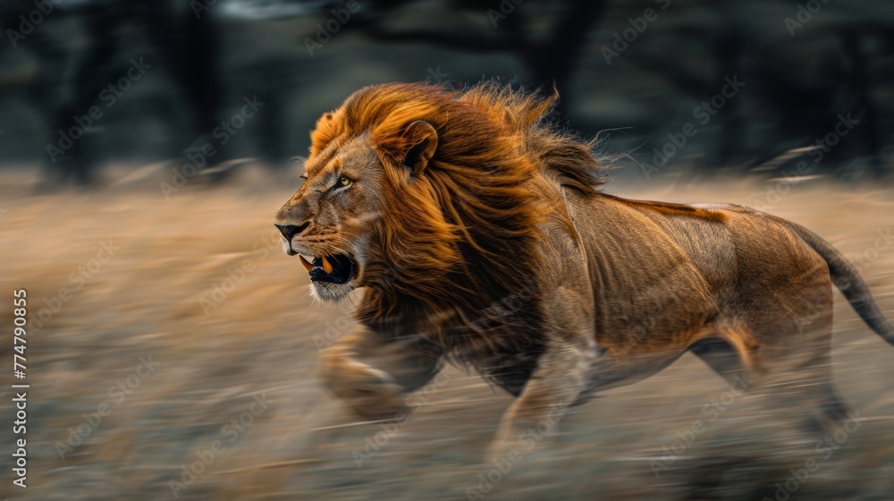 Poster a lion running through a field with trees in the background, ai