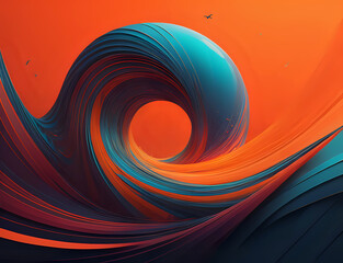 abstrakte Blaue Welle vor einem orangen Hintergrund - obrazy, fototapety, plakaty