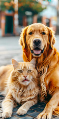 Gato e Cachorro Amigáveis Sentados Juntos